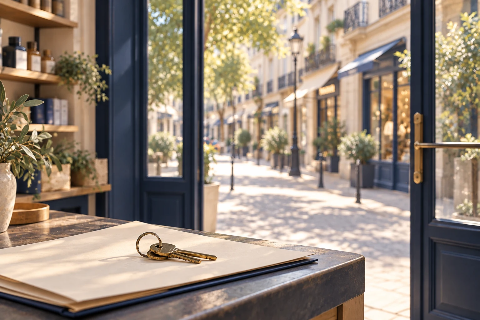 Clés et bail commercial sur le comptoir d'une boutique ouverte sur une rue commerçante