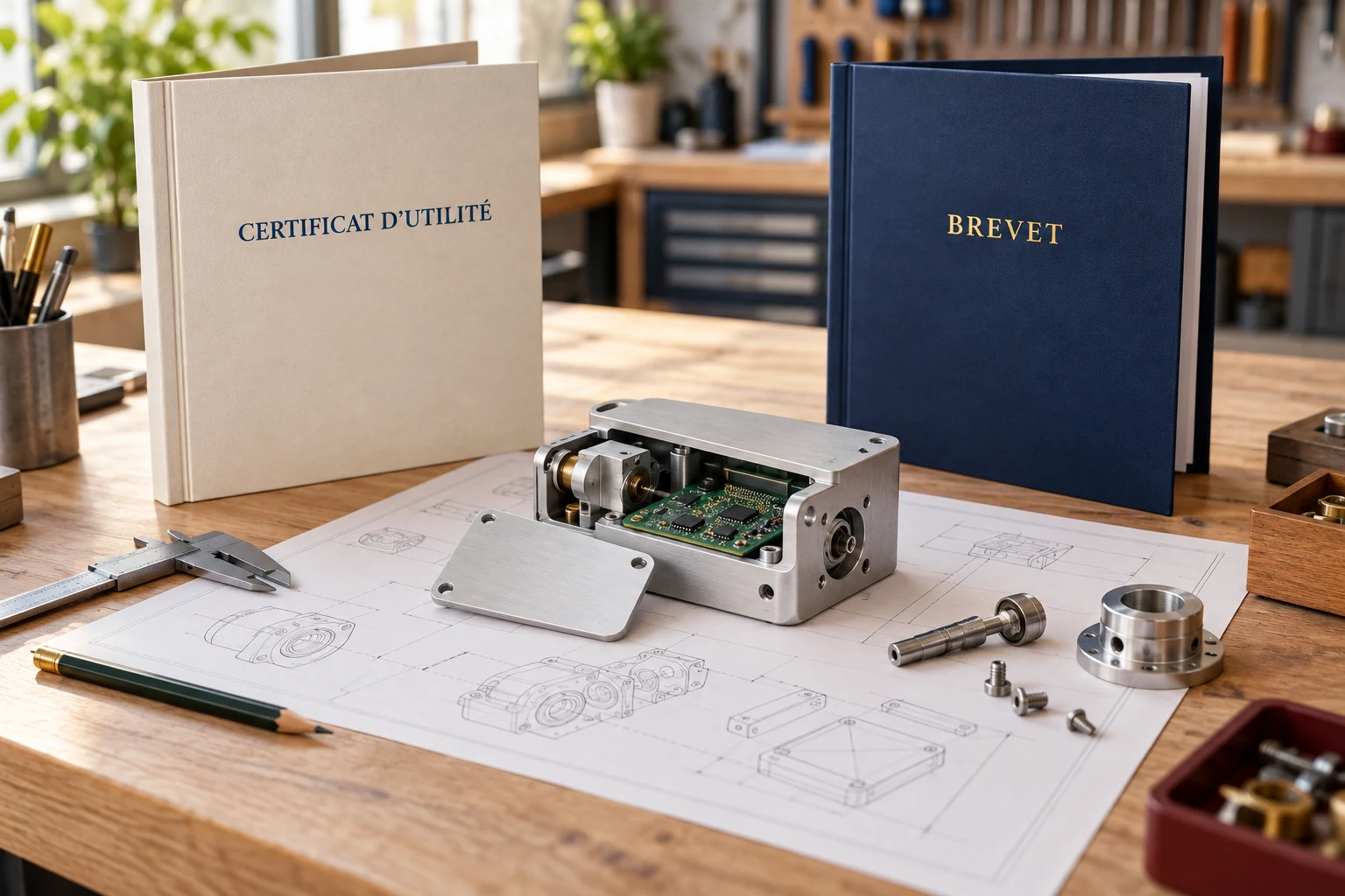 Prototype technique posé sur des plans, entre un classeur « Certificat d'utilité » et un classeur « Brevet »