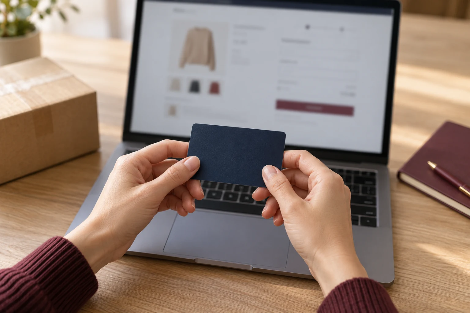 Mains tenant une carte bancaire devant un ordinateur portable ouvert sur une boutique en ligne