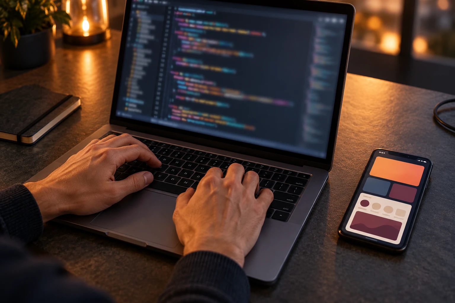 Mains sur le clavier d'un ordinateur portable affichant des lignes de code, à côté d'un smartphone