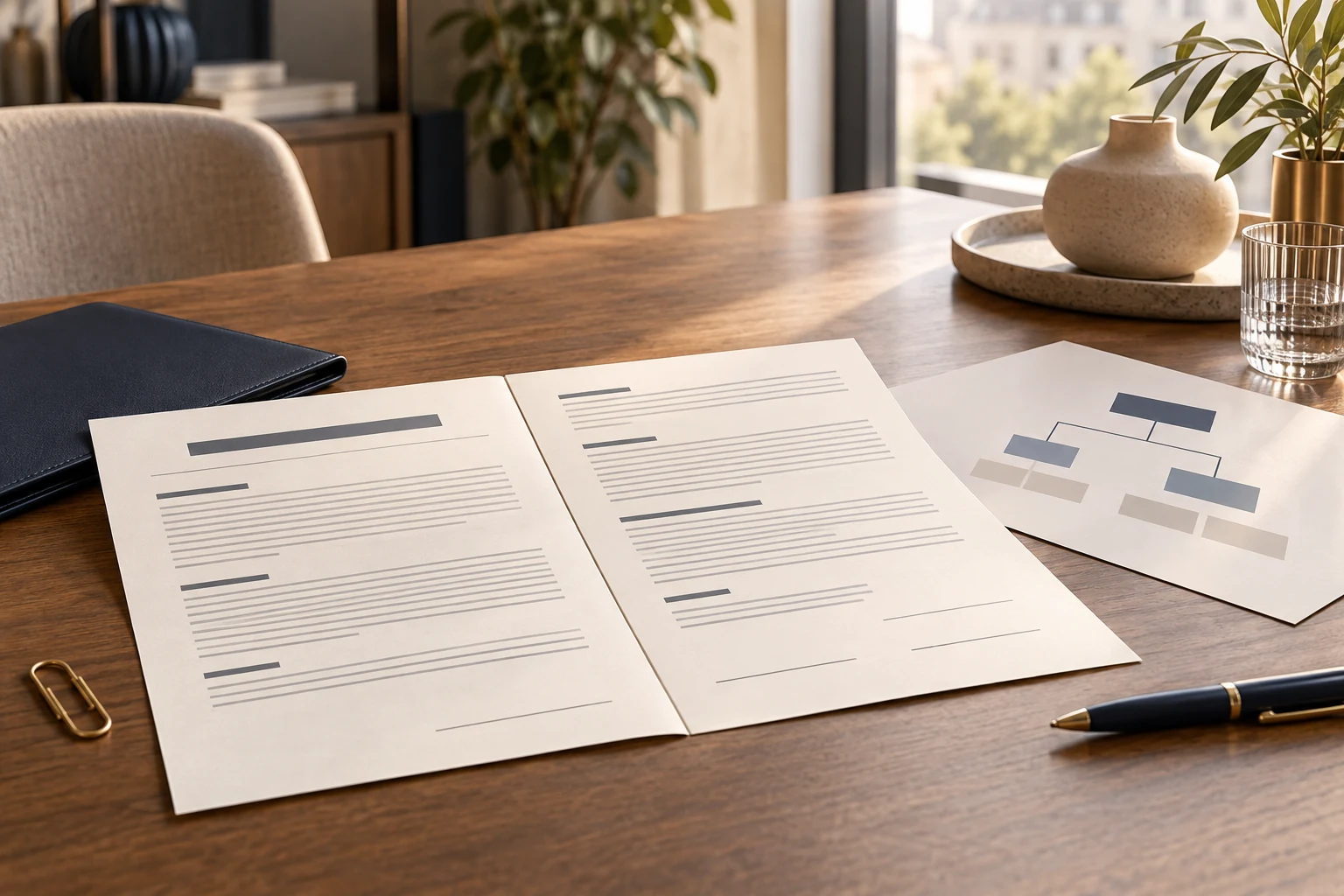 Contrat commercial et organigramme de société posés sur un bureau
