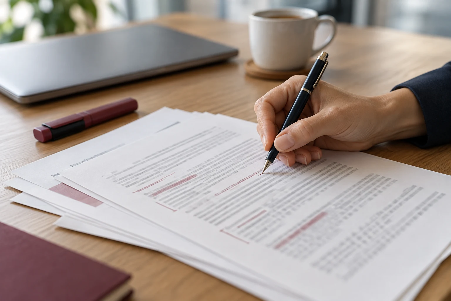 Main annotant au stylo un contrat aux passages surlignés, sur un bureau à côté d'un ordinateur portable fermé