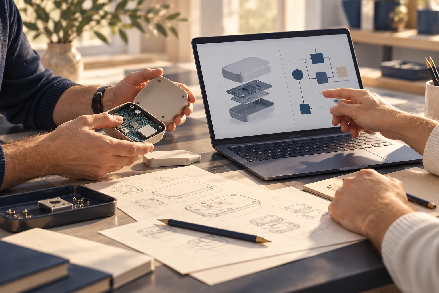 Un créateur présente son prototype et ses plans lors d'un rendez-vous de conseil