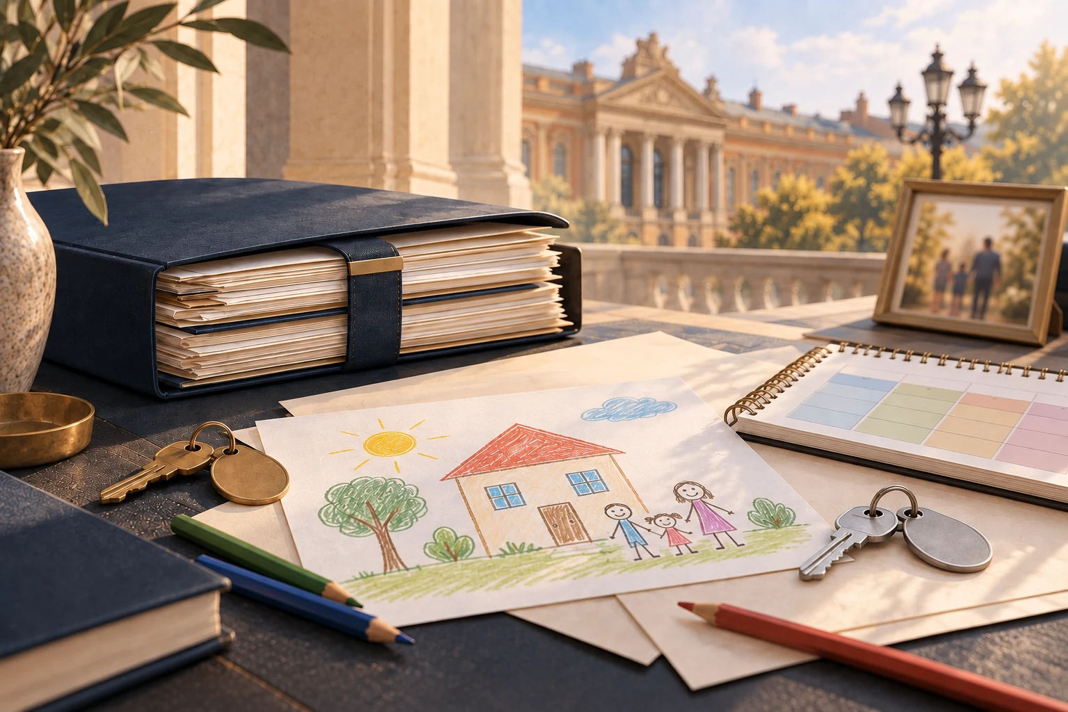 Dossier de divorce sur un bureau, dessin d'enfant, clés et calendrier de garde