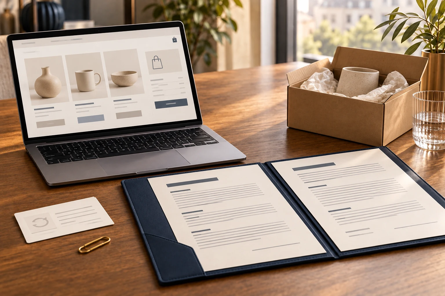 Boutique en ligne sur un ordinateur portable, colis prêt à l'envoi et conditions générales de vente sur un bureau