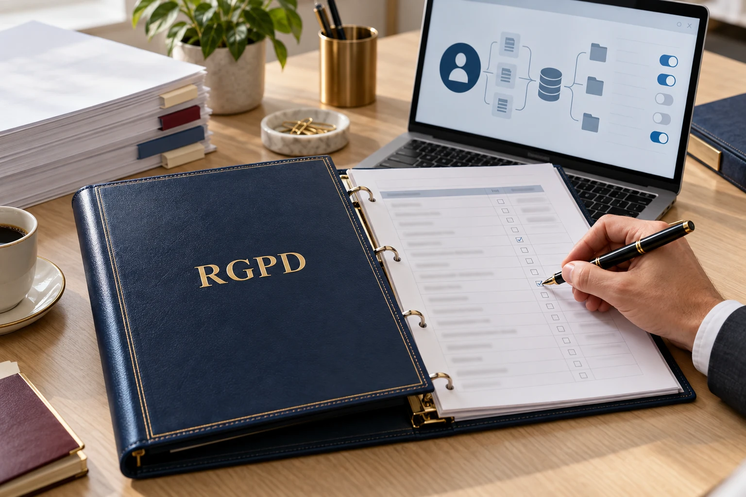 Main cochant une liste de contrôle dans un classeur RGPD, devant un ordinateur portable affichant un schéma de données