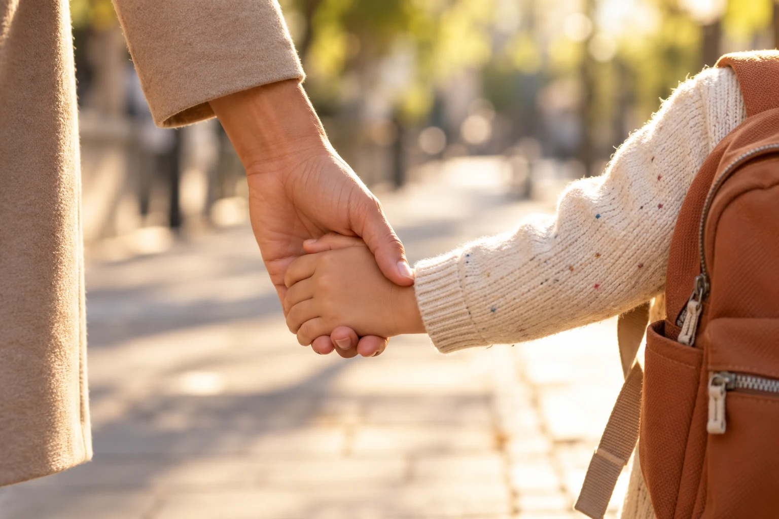 Main d'un adulte tenant celle d'un enfant portant un cartable, sur un trottoir ensoleillé