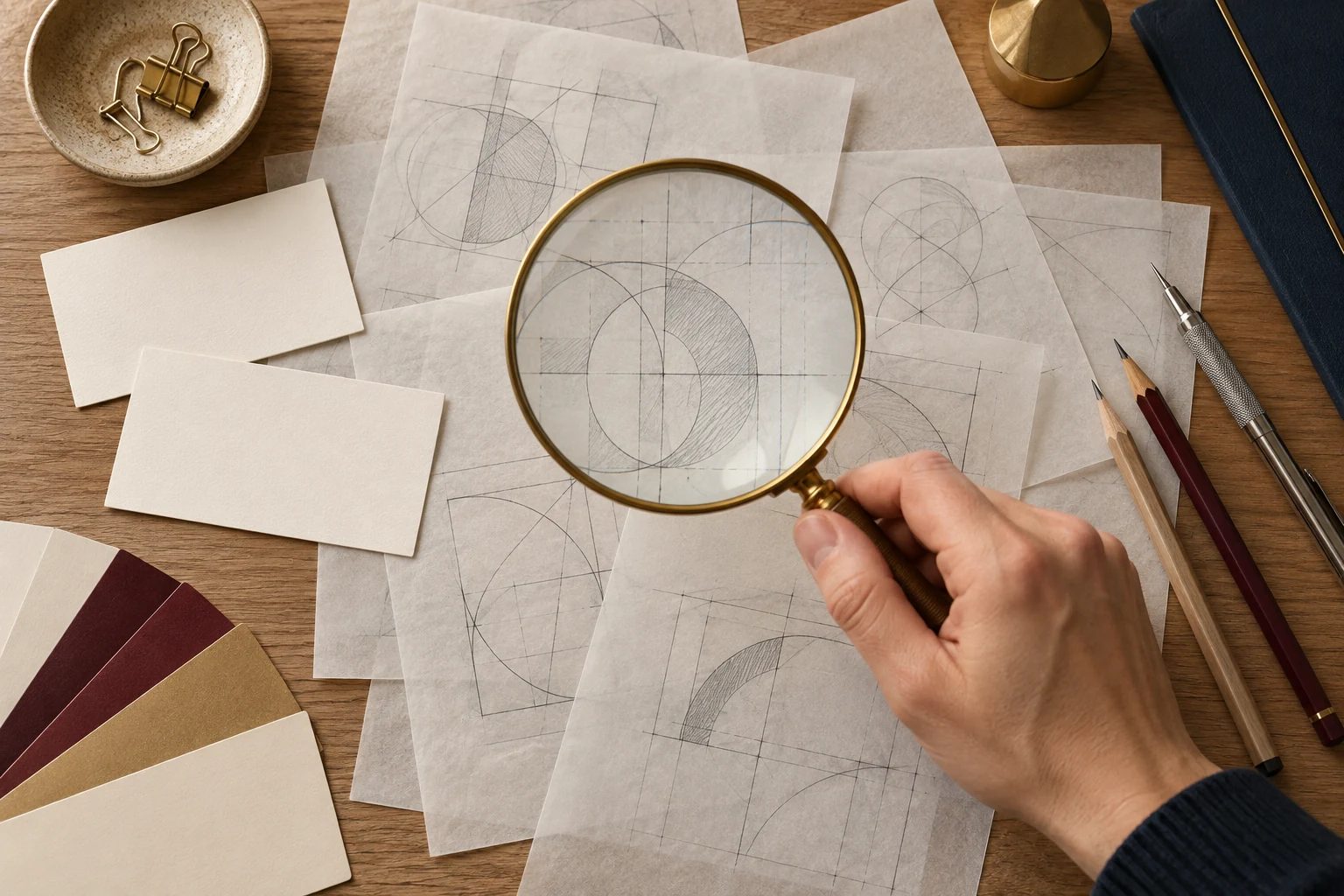 Main tenant une loupe au-dessus de croquis de logos, à côté de cartes vierges et d'un nuancier de couleurs